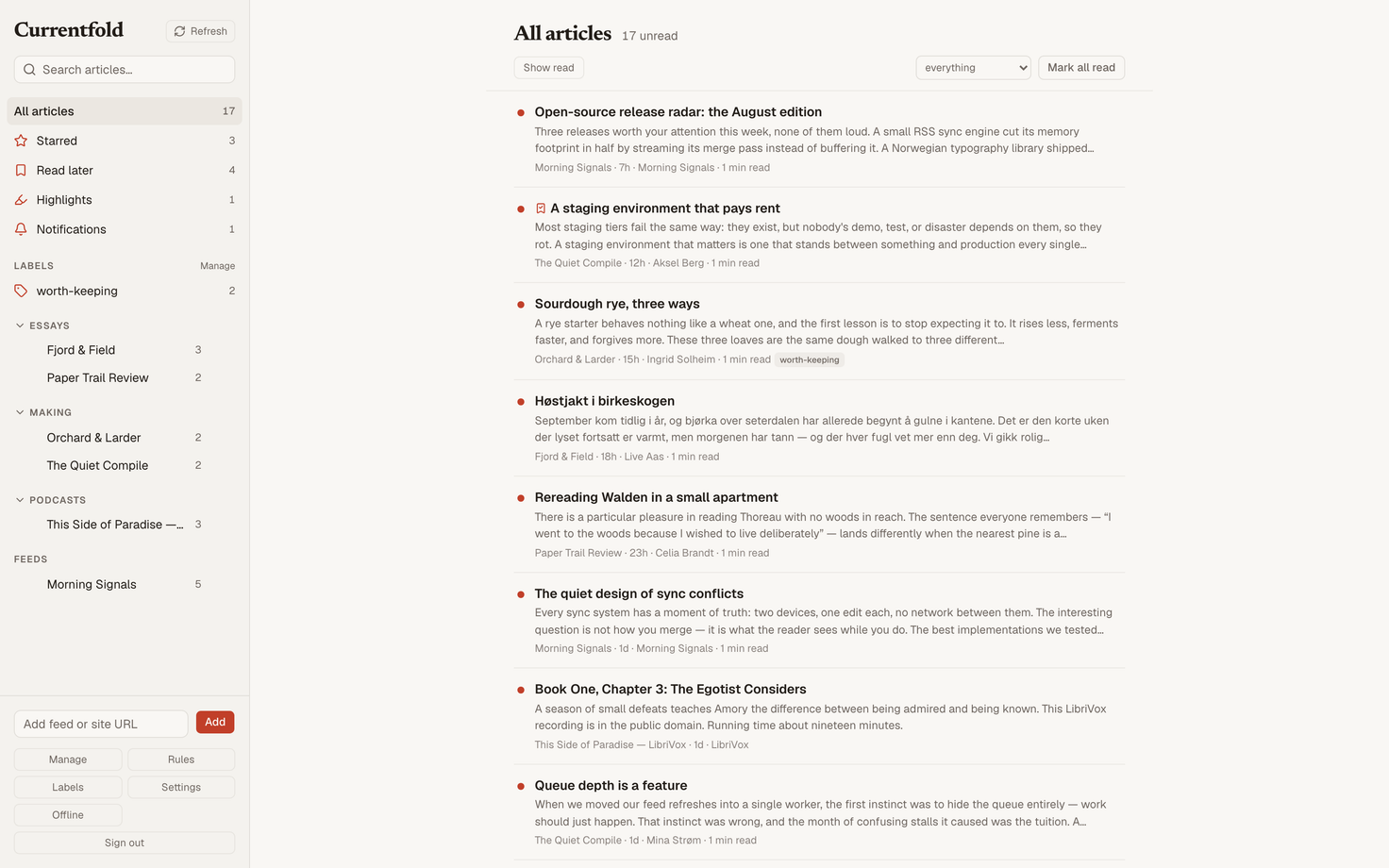 The Currentfold web reader's All articles view: a sidebar of folders and sources beside a list of unread articles, each showing its source, a two-line preview, and how long ago it arrived.