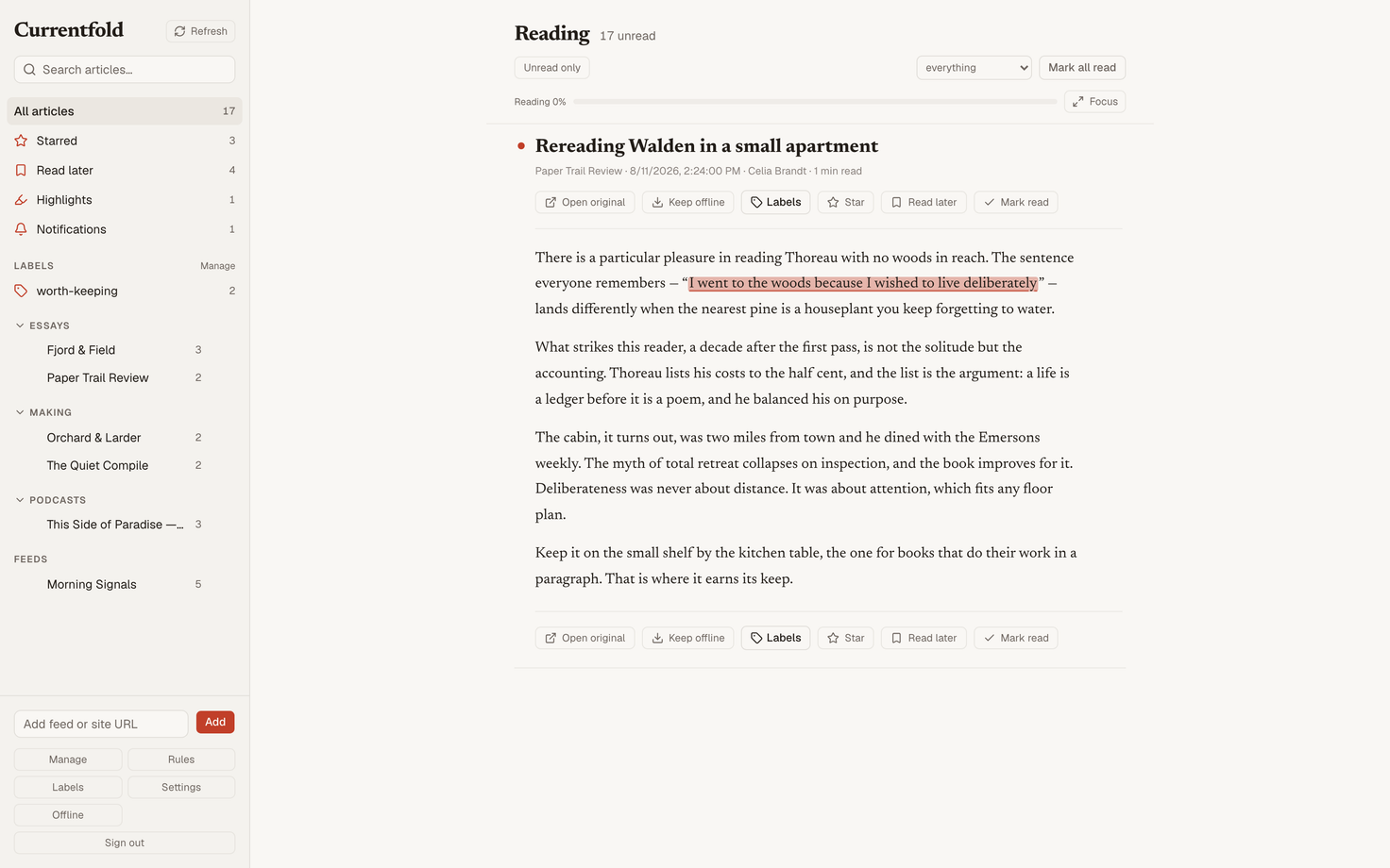 An essay open in the Currentfold reading view, with one passage highlighted in the text and the reader's note attached to it.