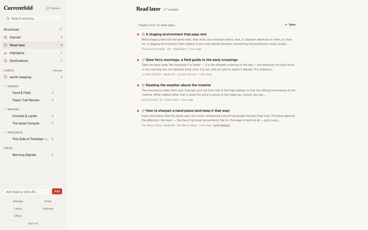 The Read later queue in Currentfold, holding saved pages and articles marked to come back to, each with its source and a short preview.